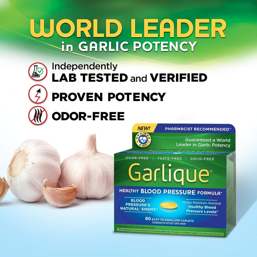 Garlique Garlic Extract Supplement, Healthy Blood Pressure Formula, Odorless  Vegan, 60 Caplets