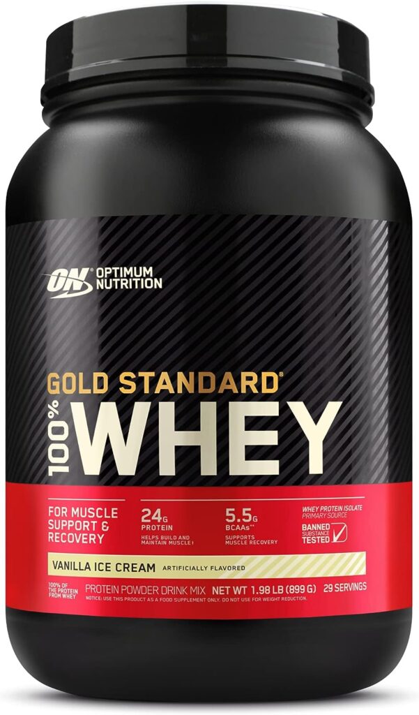 Optimum Nutrition Gold Standard 100% Whey Protein Powder, Vanilla Ice Cream, 2 Pound (Packaging May Vary)