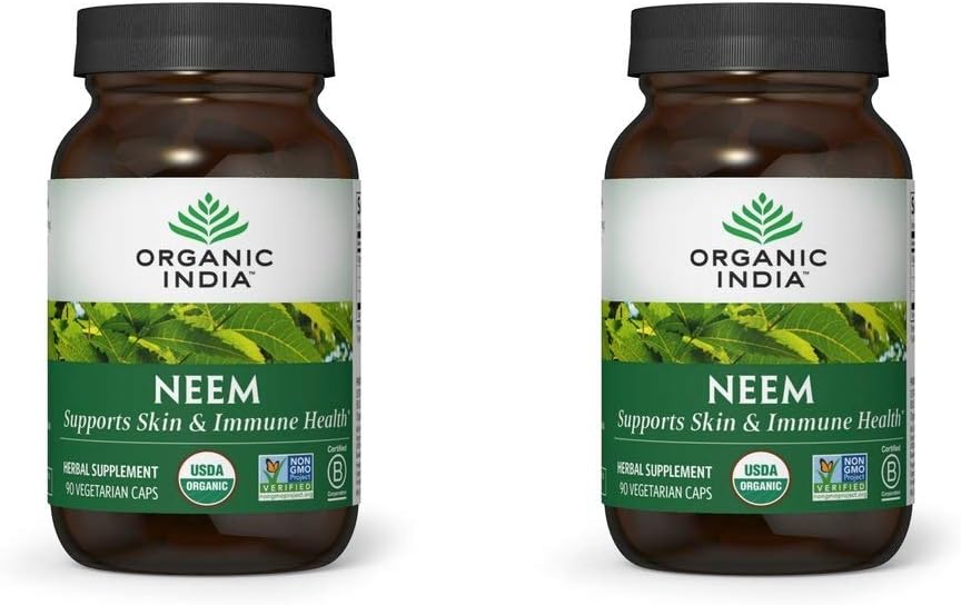 ORGANIC INDIA Neem Herbal Supplement - Supports Skin, Immune,  Liver Health, Detox, Healthy Inflammatory Response, Vegan, Gluten-Free, USDA Certified Organic - 90 Capsules, 2 Pack