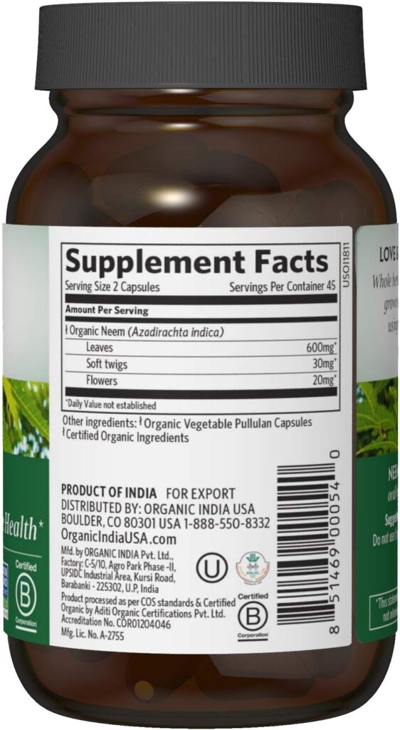 ORGANIC INDIA Neem Herbal Supplement - Supports Skin, Immune,  Liver Health, Detox, Healthy Inflammatory Response, Vegan, Gluten-Free, USDA Certified Organic - 90 Capsules, 2 Pack